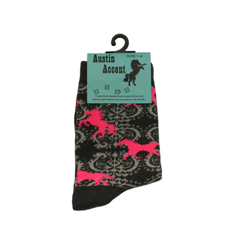 Sock Grey With Pink Horses Kids Socks