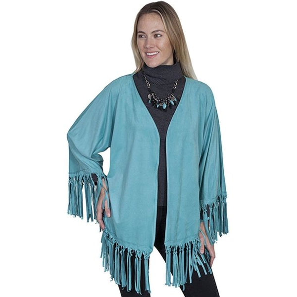 Microfiber Fringe Wrap Turq Cardigan