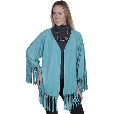 Microfiber Fringe Wrap Turq Cardigan