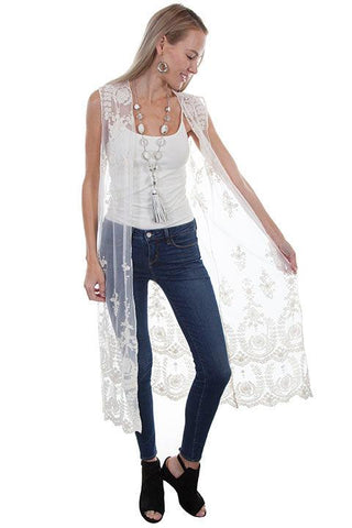 Ivory Long Sleeve Lace Duster Vest Shawl