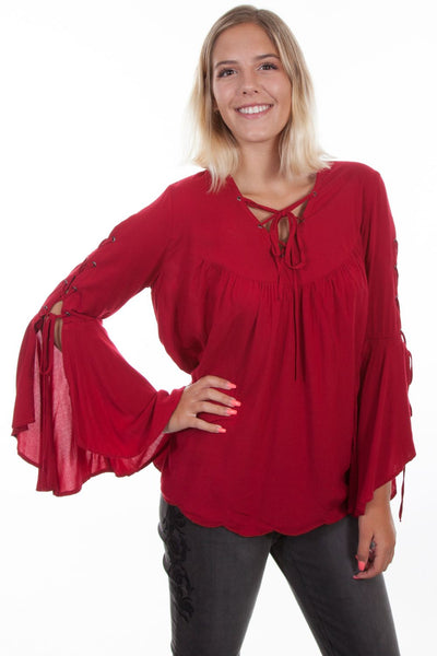 Hi/Lo Split Back With Flared Sleeves Red Blouse