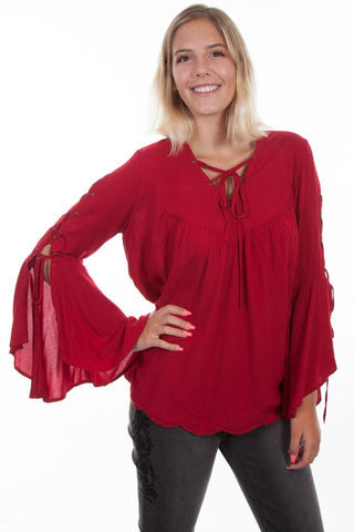 Hi/Lo Split Back With Flared Sleeves Red Blouse
