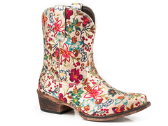 WOMENS FASHION SHORTY BOOT GOLD FLORAL PRINT FAUX LEATHER