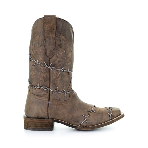 Brown Woven Square Toe Boots 3532